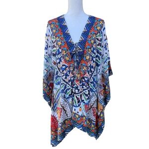 Sakkas Cover Up One Size White Colorful Print‎ Kaftan Tunic Top
